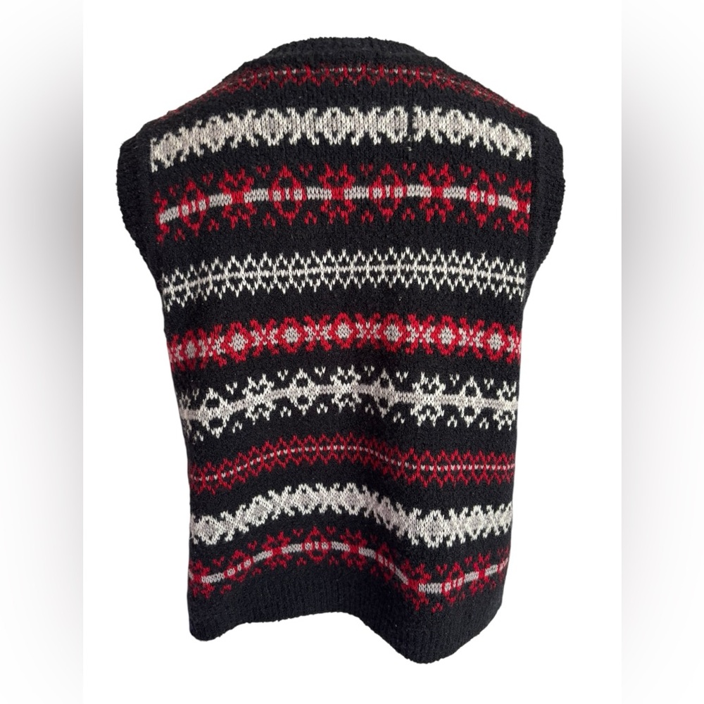 Vintage Nordic Knit Vest Full Zip Sweater Black Red White Fair Isle Sleeveless - Picture 5 of 11